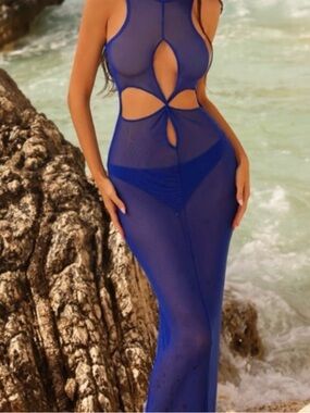 PrettyLittleThing Sapphire Blue Sheer Cutout Maxi Coverup